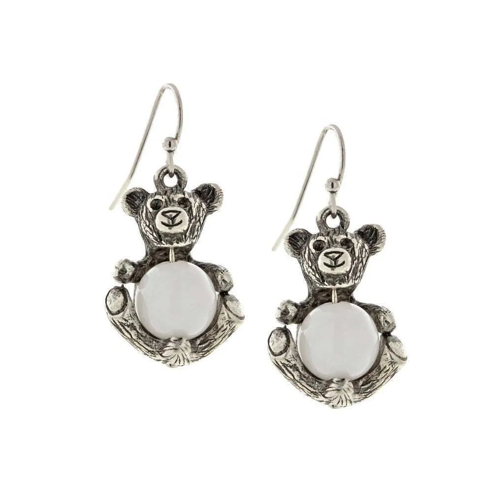 1928 Jewelry Pewter Round Gemstone Quartz Teddy Bear Wire Earrings