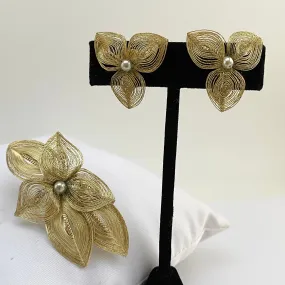 1950s Germany Gold-Tone Spun Wire Brooch & Earrings Set