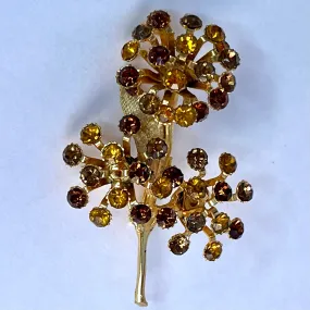 1960s Gold-Tone Amber Rhinestone Flower Brooch