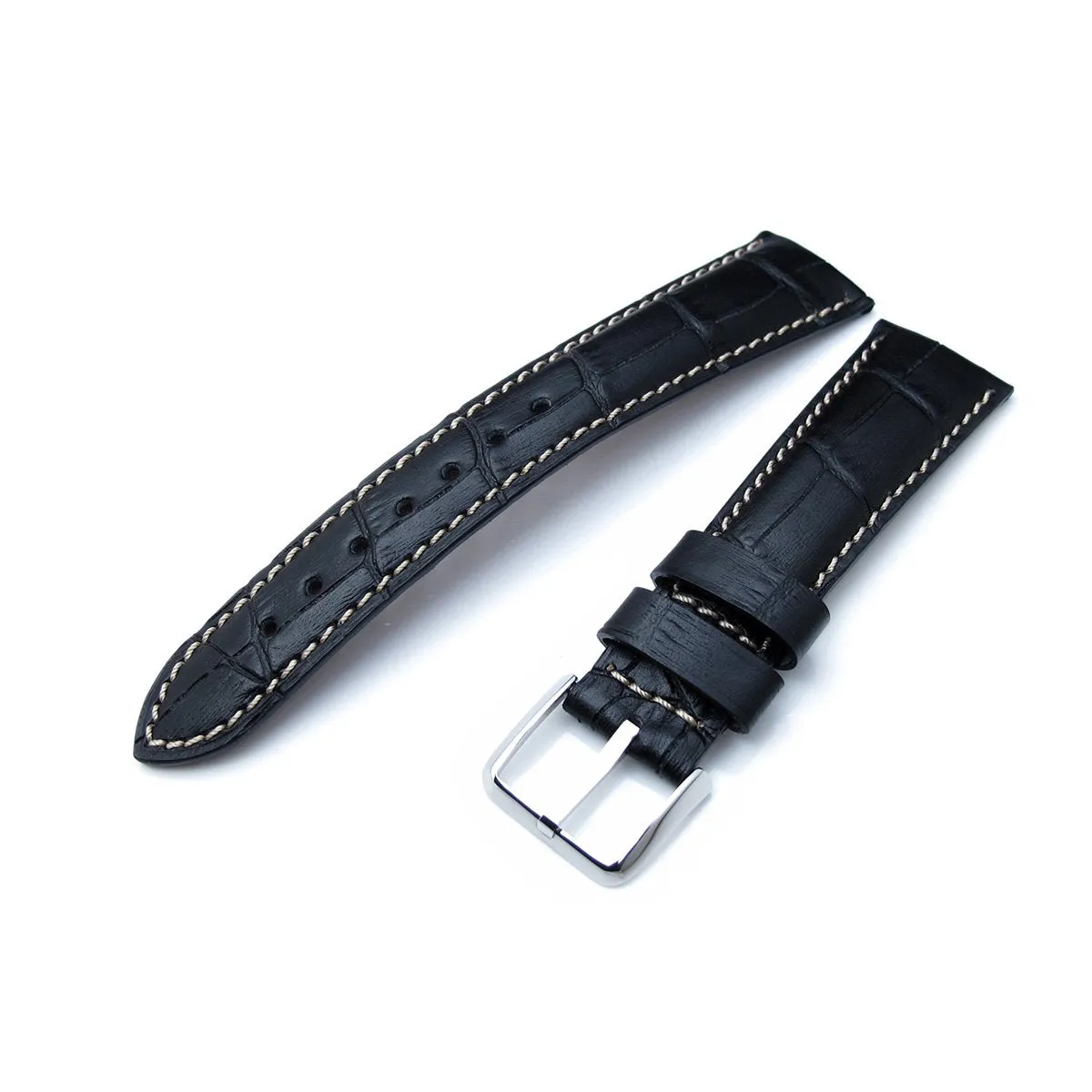 20mm or 22mm CrocoCalf (Croco Grain) Matte Black Semi-Curved Watch strap, Beige Stitching, Polished Buckle