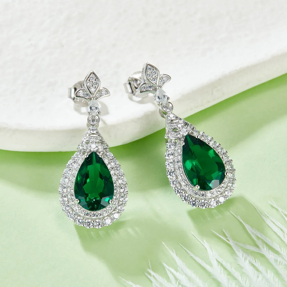 3.4 Carat Pear-Shaped Lab-Created Emerald Double Halo Drop Earrings in S925 Silver Plating