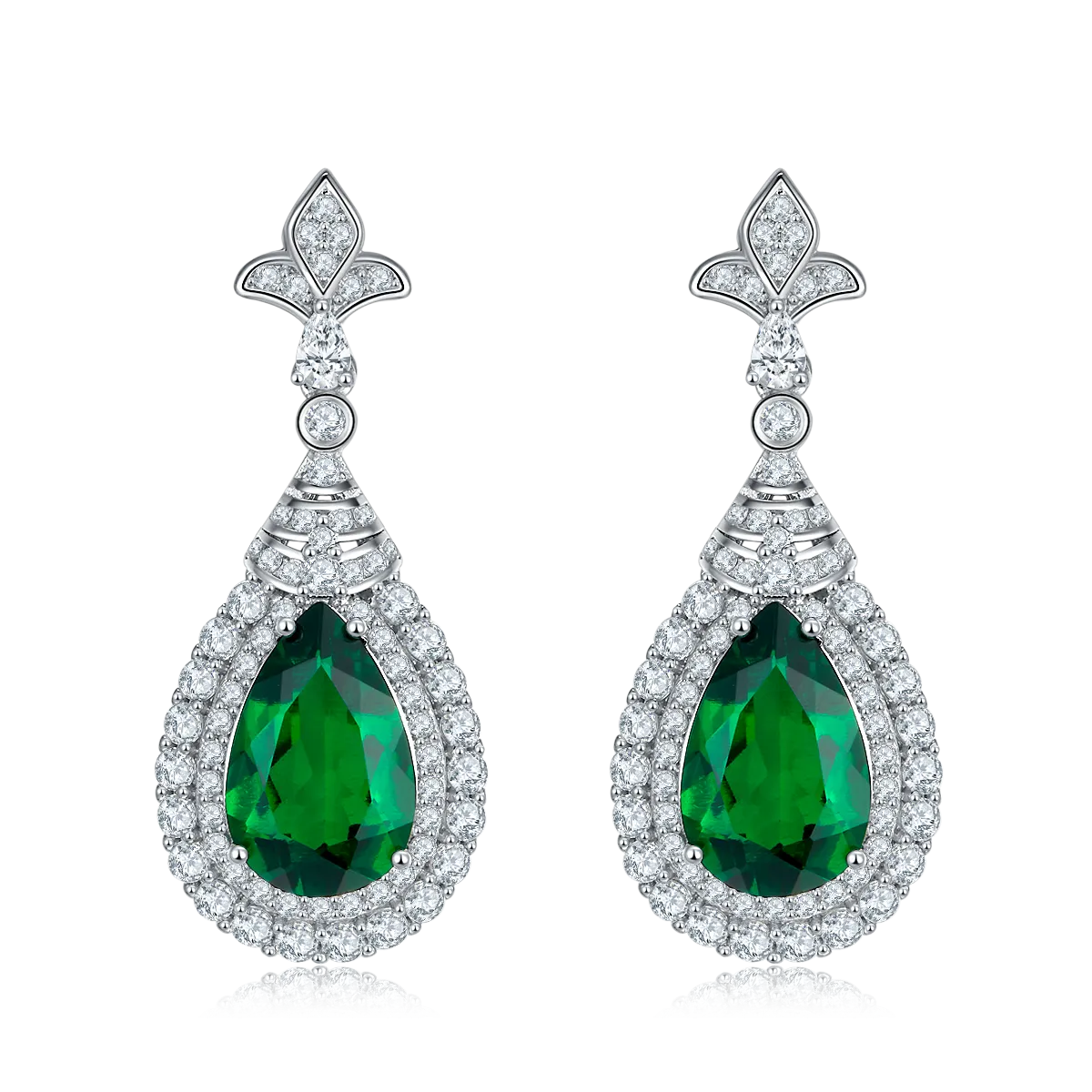 3.4 Carat Pear-Shaped Lab-Created Emerald Double Halo Drop Earrings in S925 Silver Plating