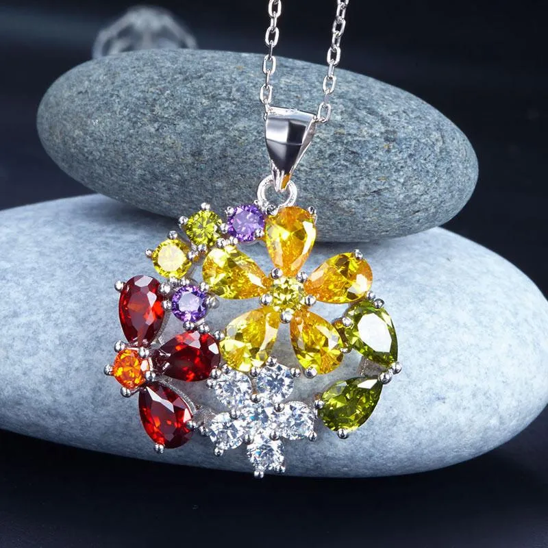 3.5 Carat Multi-Color Simulated Topaz Flower 925 Sterling Silver Pendant Necklace