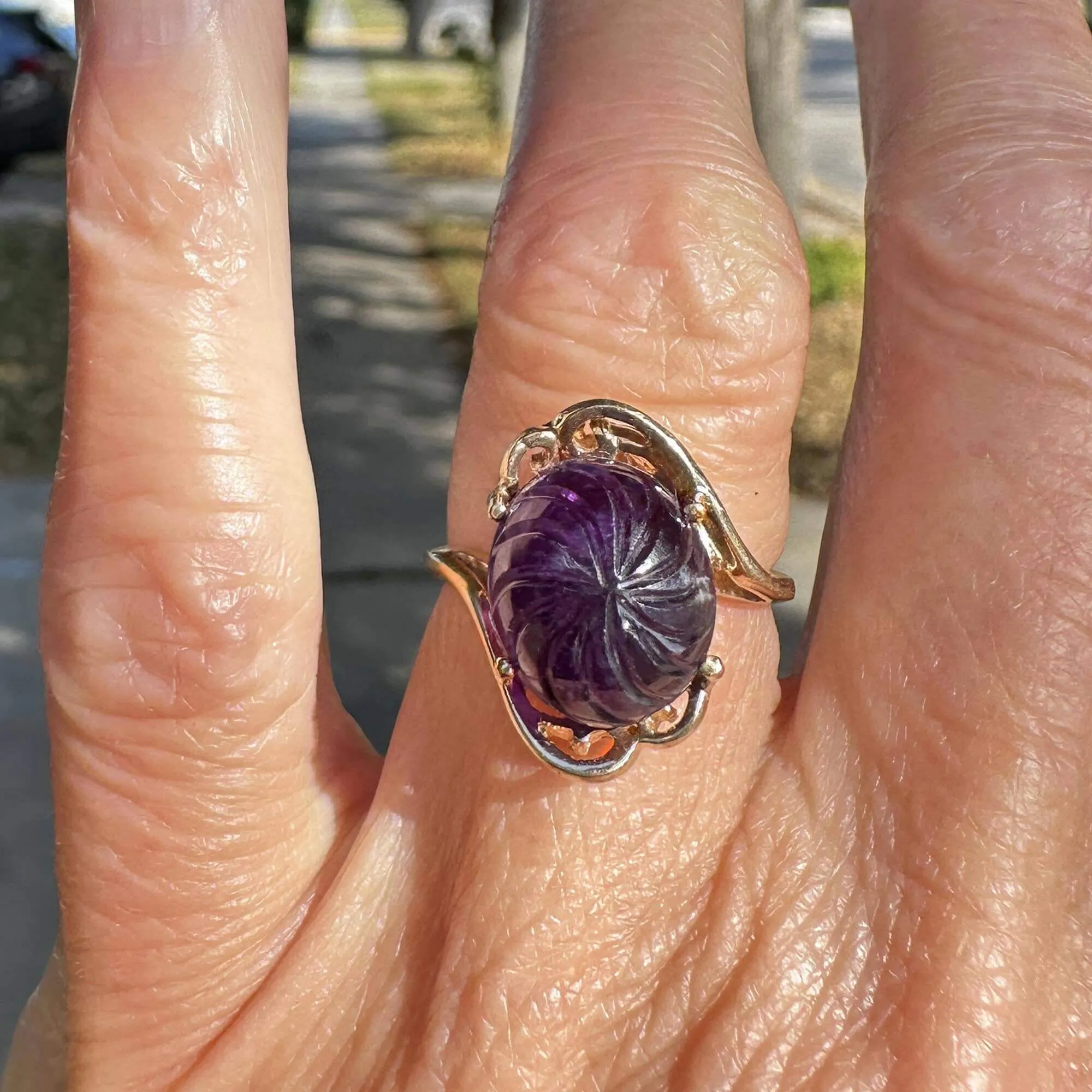 3rd Payment Fancy Cut Carved Amethyst Cabochon Ring in Gold