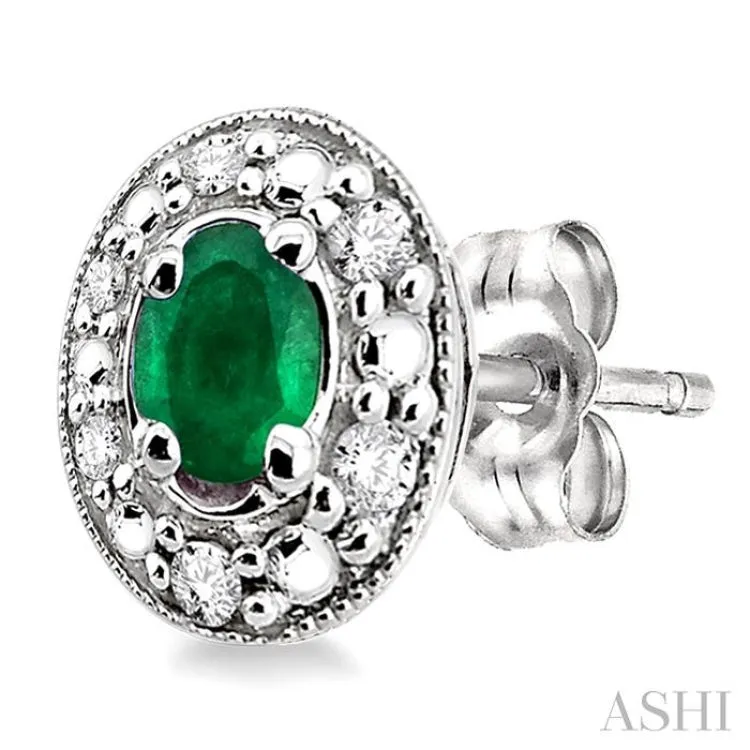 4x3mm Oval Shaped Emerald and 1/10 Ctw Single Cut Diamond Earrings in 10K White Gold