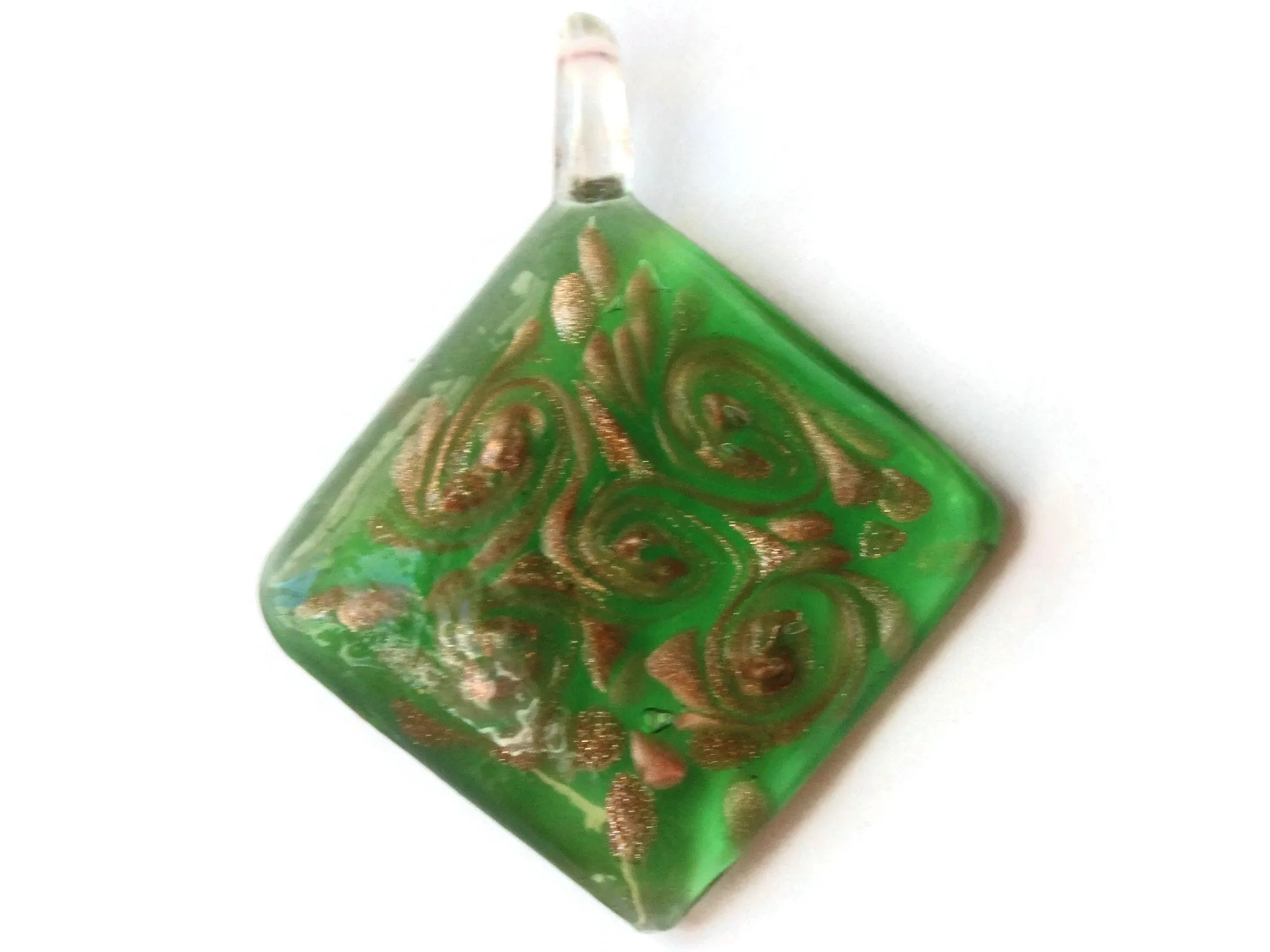 57mm Green and Gold Foil Glass Square Diamond Pendant