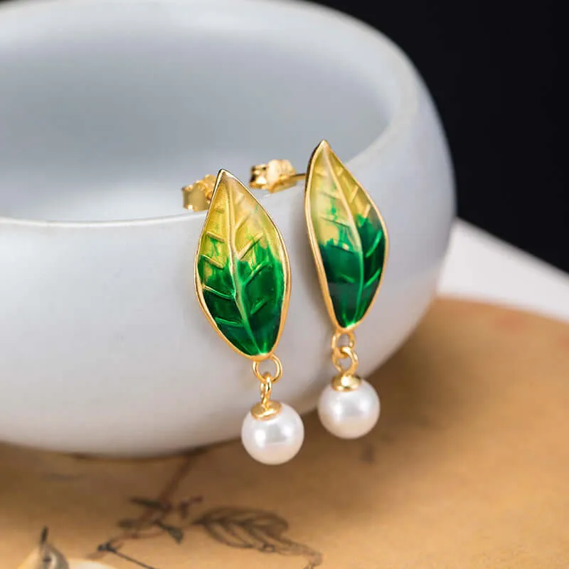 925 Silver Yellow Green Gradient Leaf Pearl Earrings