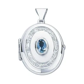 925 Sterling Silver Blue Topaz Set Oval Shaped Locket Pendant Necklace