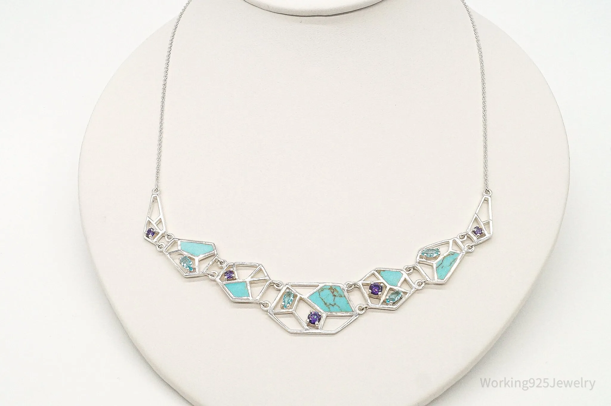 Amethyst Blue Topaz Turquoise Modernist Sterling Silver Necklace