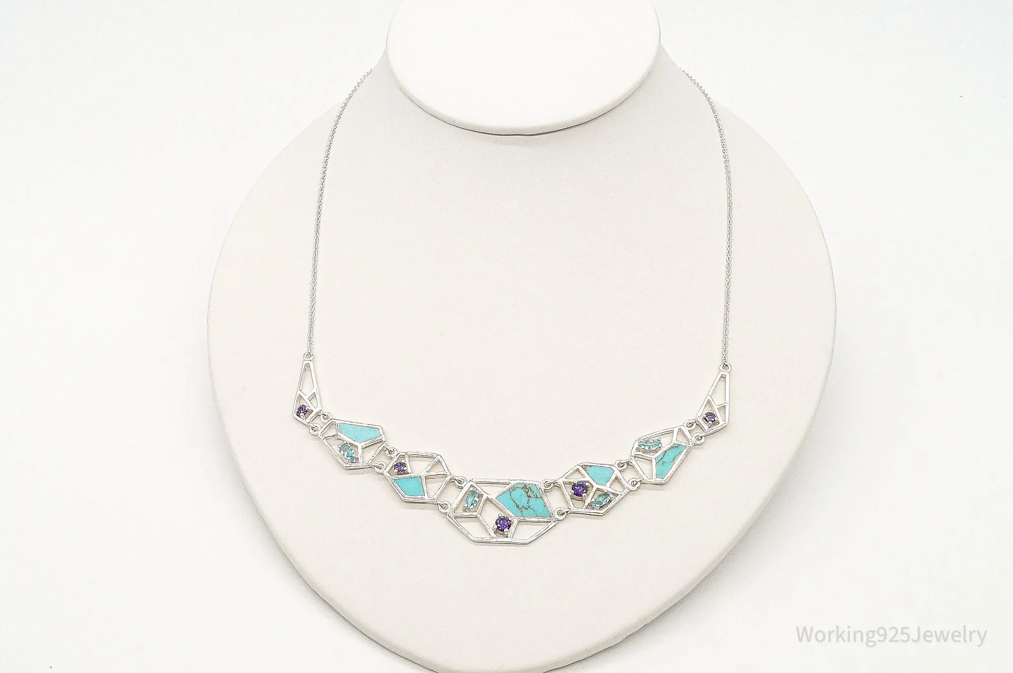 Amethyst Blue Topaz Turquoise Modernist Sterling Silver Necklace