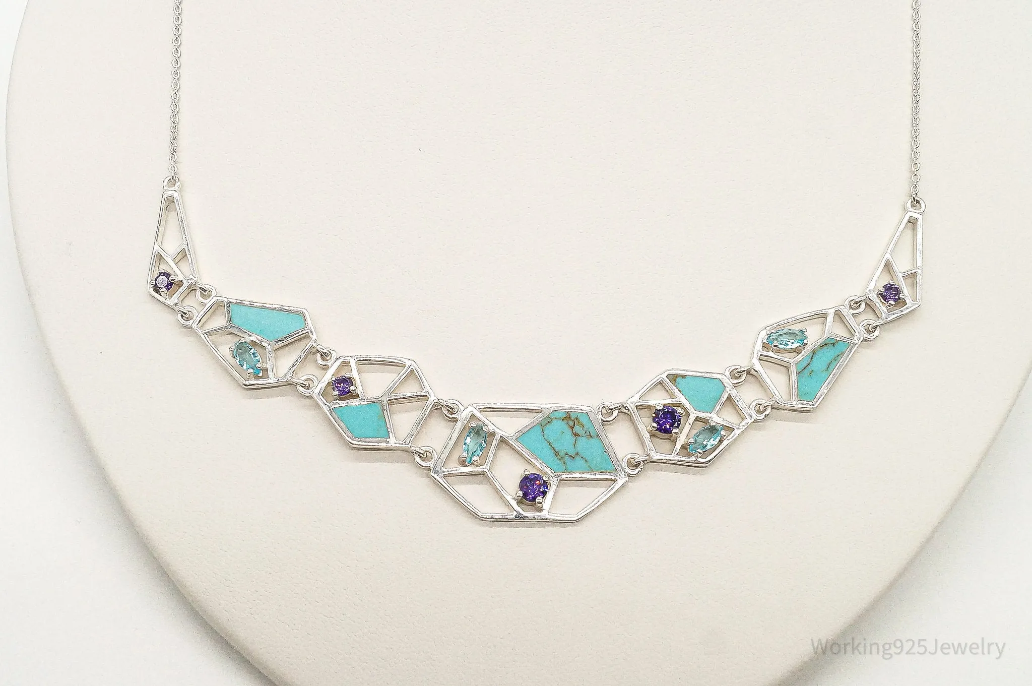 Amethyst Blue Topaz Turquoise Modernist Sterling Silver Necklace