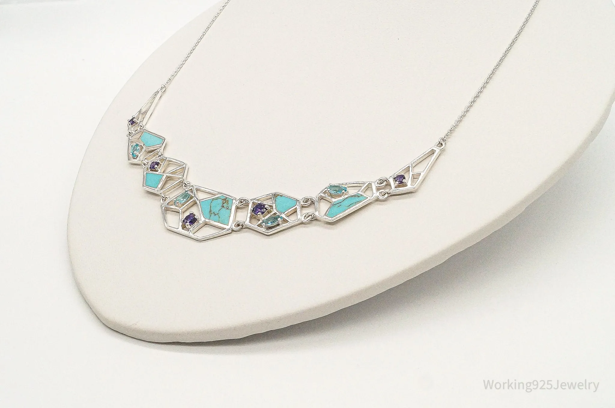 Amethyst Blue Topaz Turquoise Modernist Sterling Silver Necklace