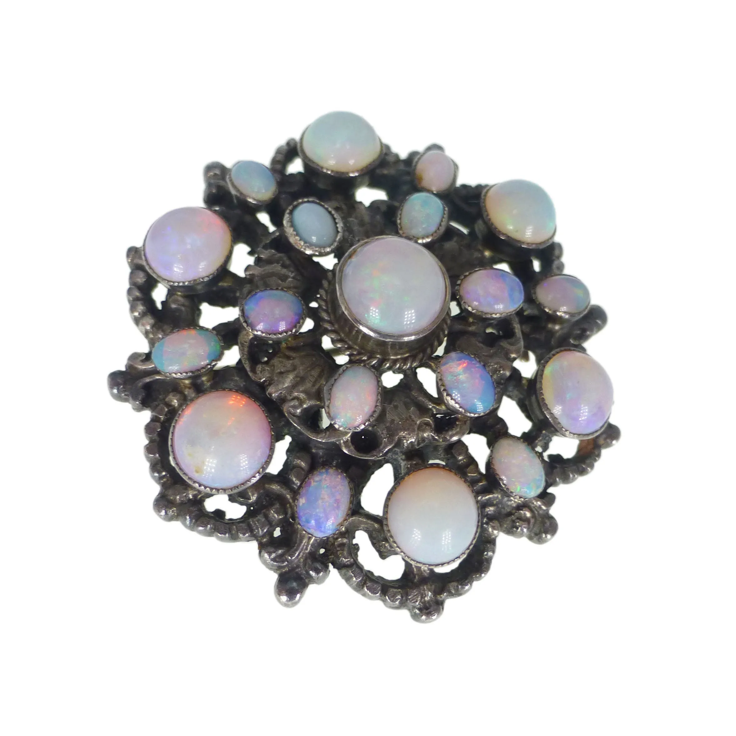 Antique Austro Hungarian Silver Opal Floral Brooch