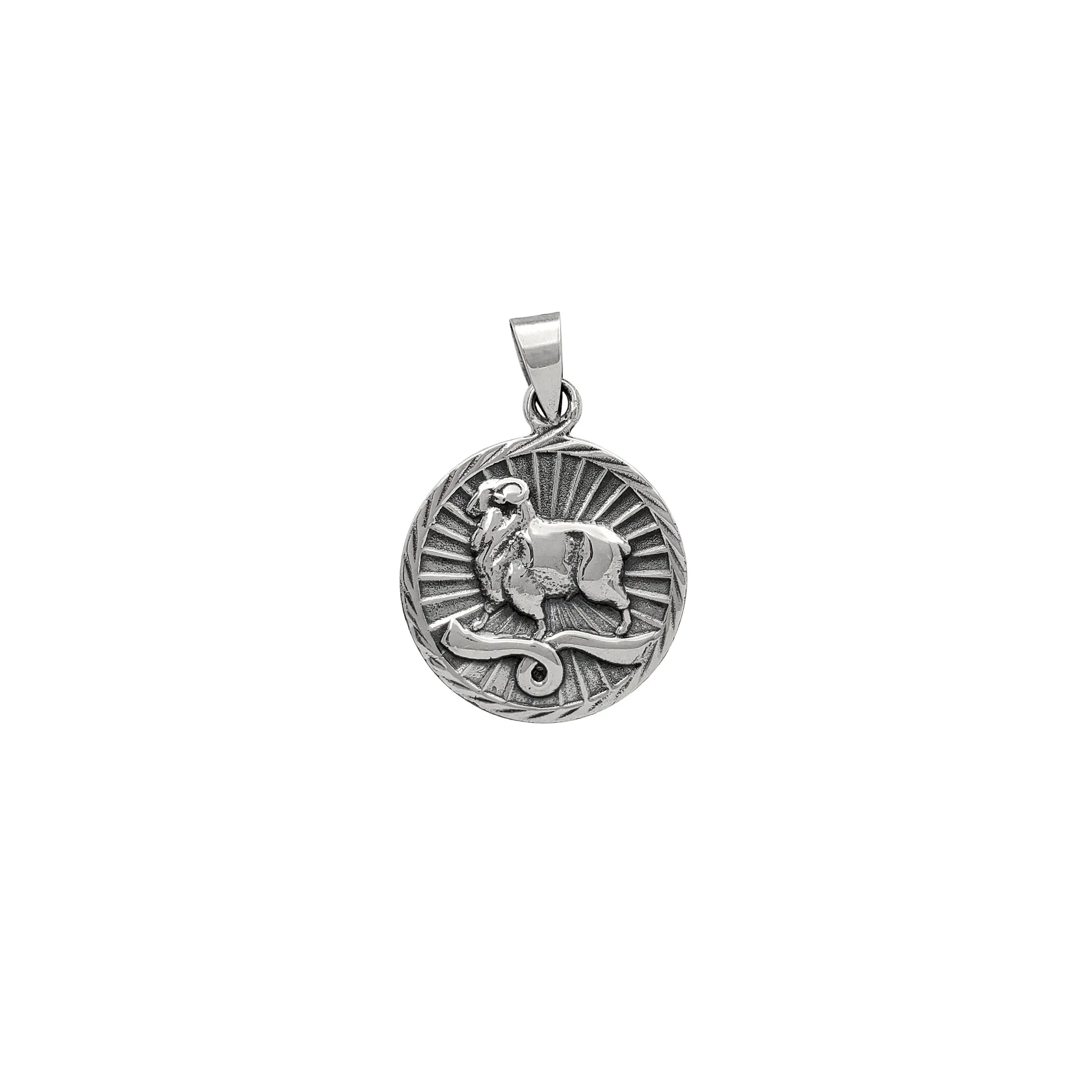 Antique Finish Aries Zodiac Sign Round Pendant (Silver)