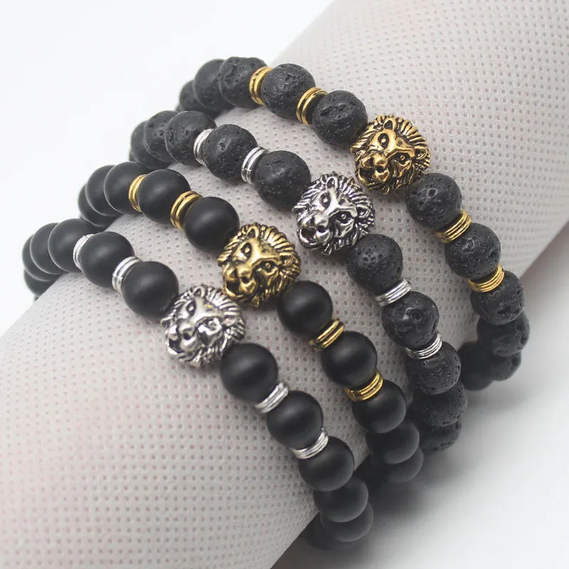 Antique Gold Plated Buddha Leo Lion Head Black Lava Stone Beaded Bracelets For Men & Women