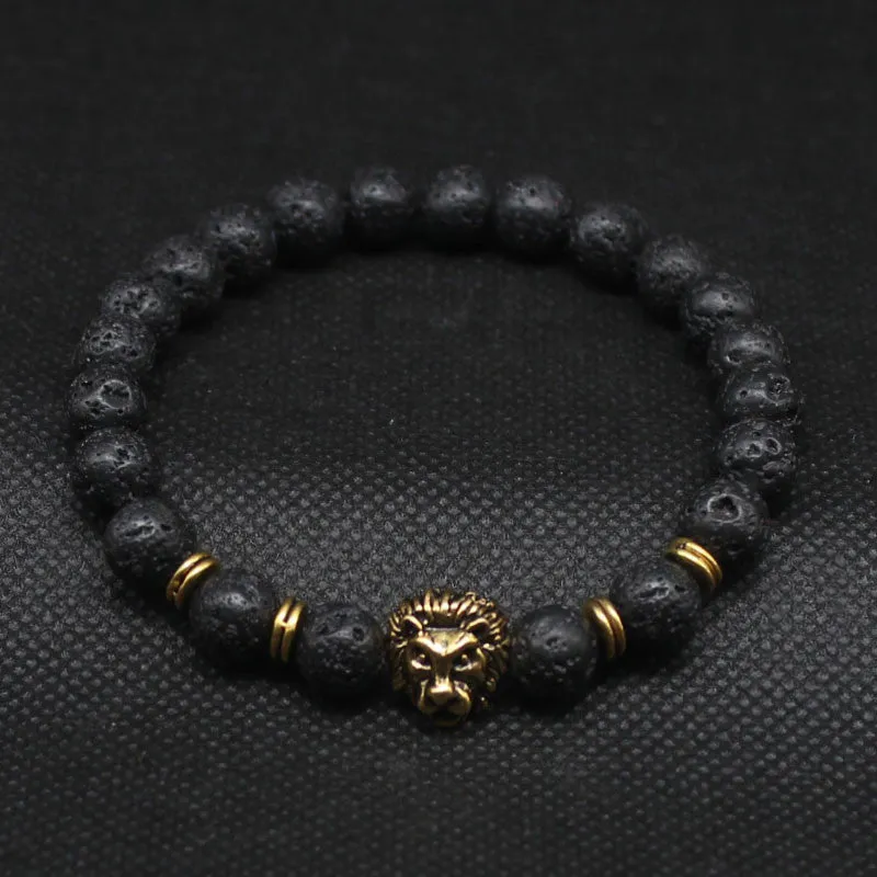 Antique Gold Plated Buddha Leo Lion Head Black Lava Stone Beaded Bracelets For Men & Women