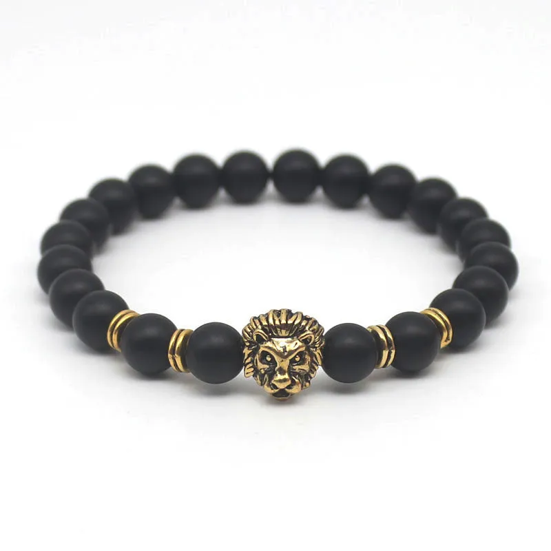 Antique Gold Plated Buddha Leo Lion Head Black Lava Stone Beaded Bracelets For Men & Women