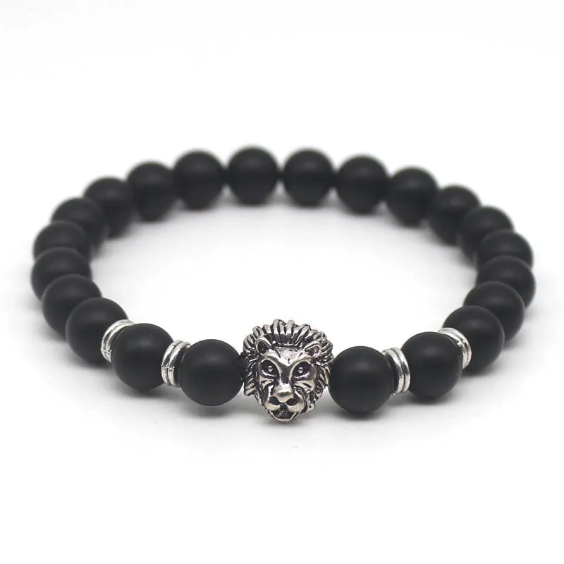 Antique Gold Plated Buddha Leo Lion Head Black Lava Stone Beaded Bracelets For Men & Women