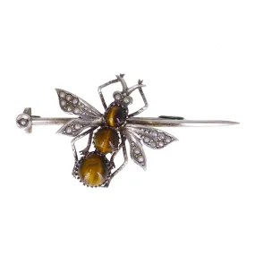 Antique Victorian Silver Tigers Eye Insect Pin Brooch