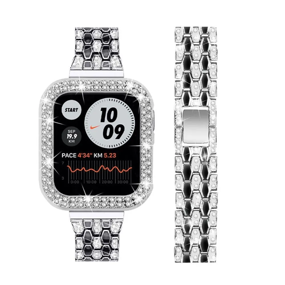 Apple Watch (45mm) five bead shiny rhinestone watch strap - Silver / Black / Silver