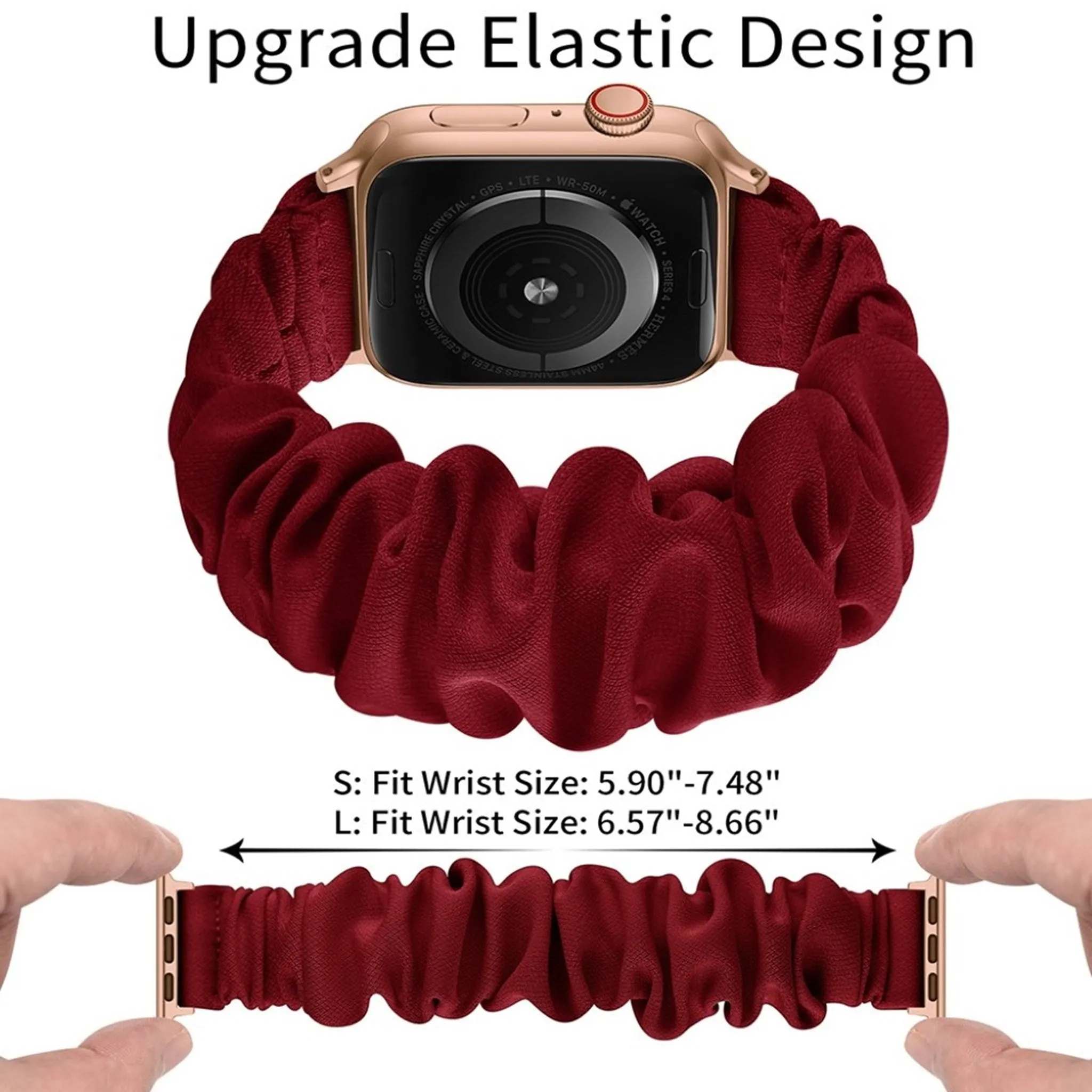 Apple Watch Series 6 / 5 44mm elastic hair band style watch strap - Rose Gold Connector / Wine Red / Size: L