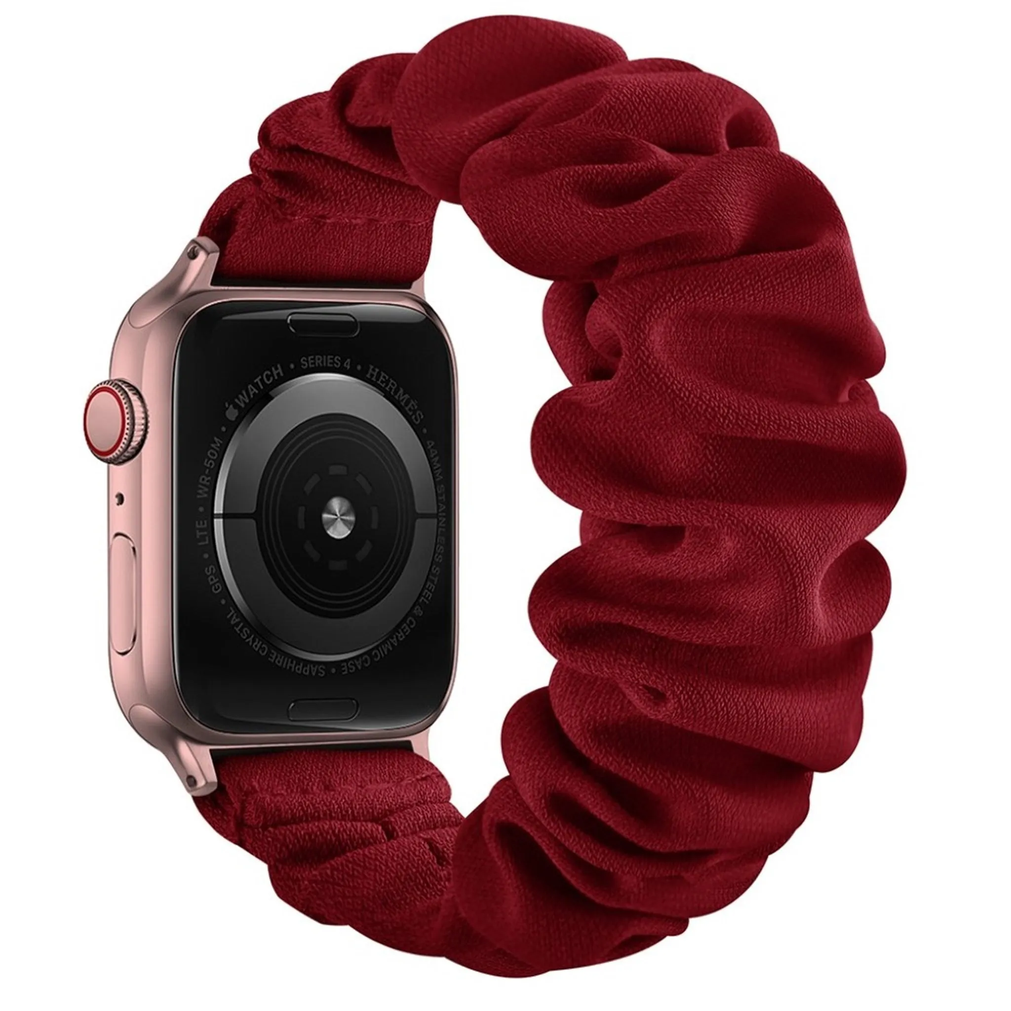 Apple Watch Series 6 / 5 44mm elastic hair band style watch strap - Rose Gold Connector / Wine Red / Size: L