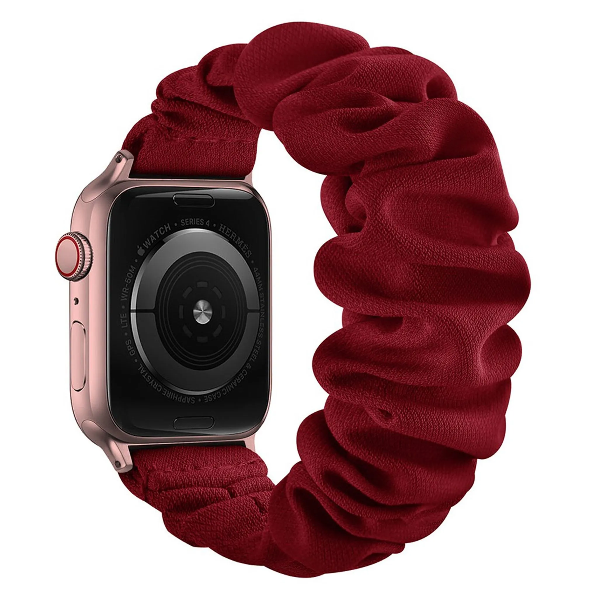 Apple Watch Series 6 / 5 44mm elastic hair band style watch strap - Rose Gold Connector / Wine Red / Size: L