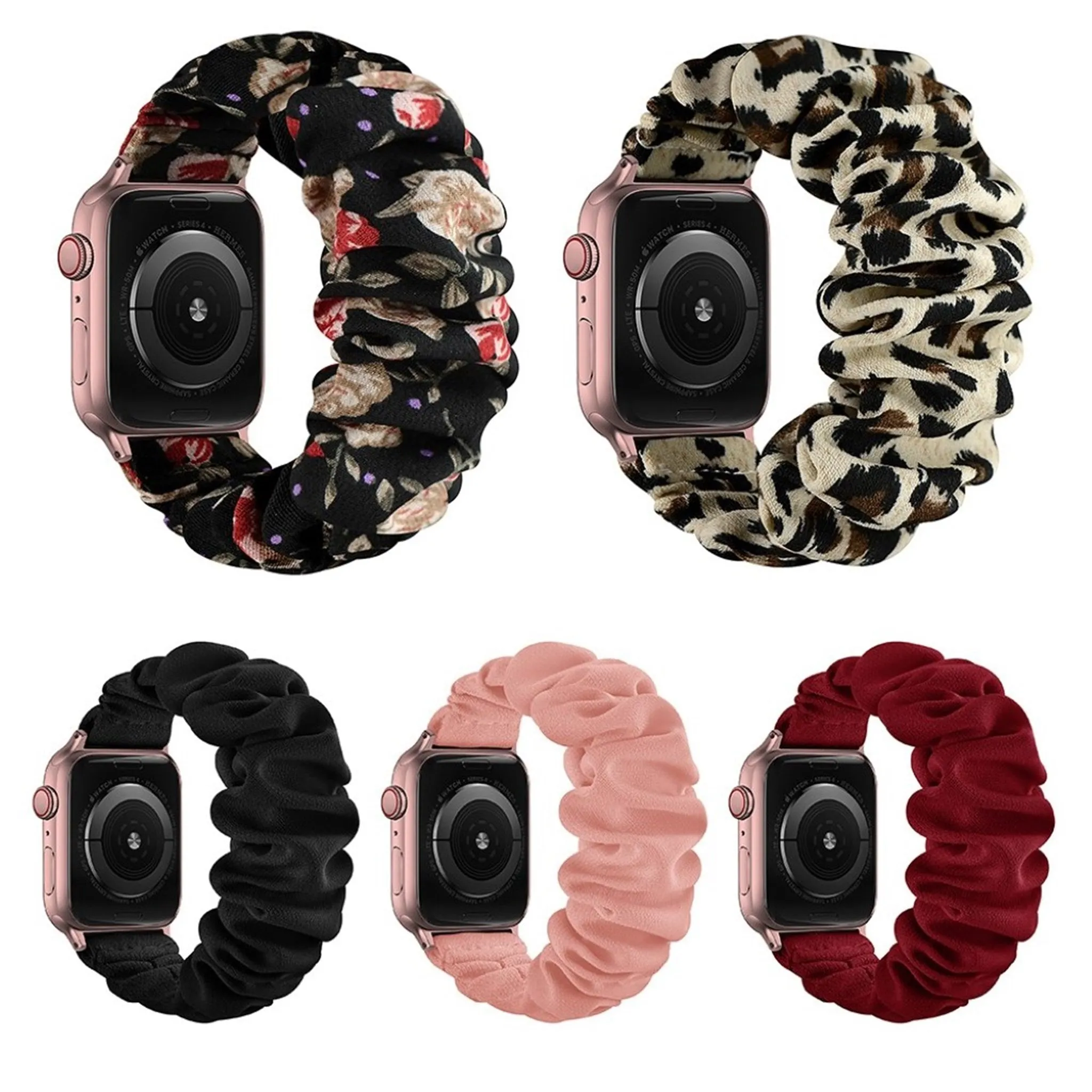 Apple Watch Series 6 / 5 44mm elastic hair band style watch strap - Rose Gold Connector / Wine Red / Size: L