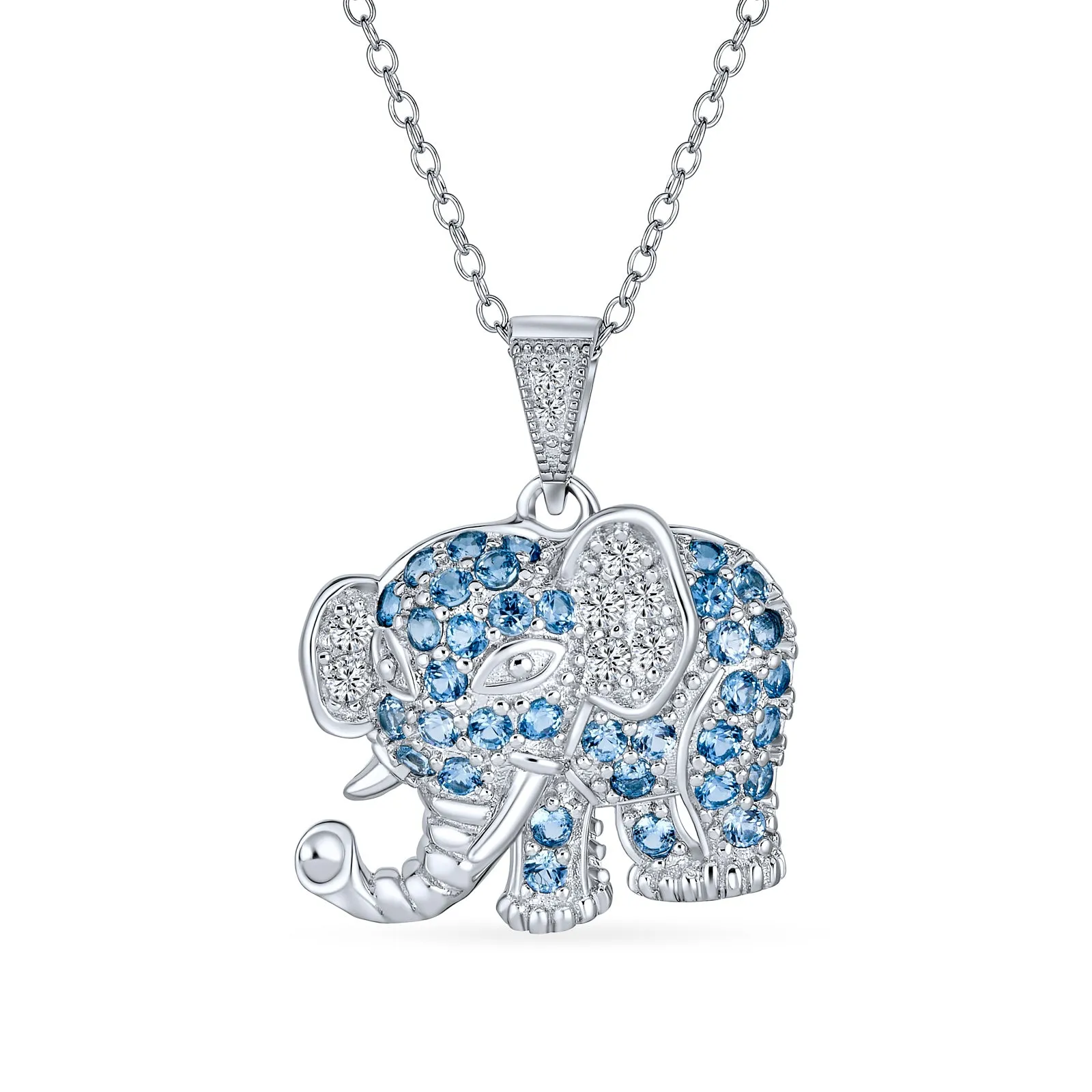 Aqua Blue Grey CZ Elephant Pendant Necklace in Sterling Silver with Chain