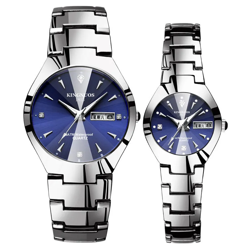 Automatic Quartz Non-Mechanical Tungsten Steel Color Steel Band Couple Watch Luminous Calendar Men and Women Waterproof Student Watch