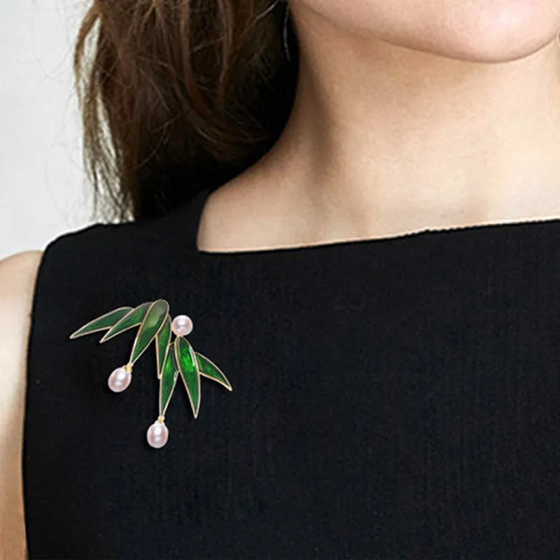 Bamboo Leaves in the Rain - Classic Bamboo Leaf Brooch Pin Adorned with Freshwater Pearls