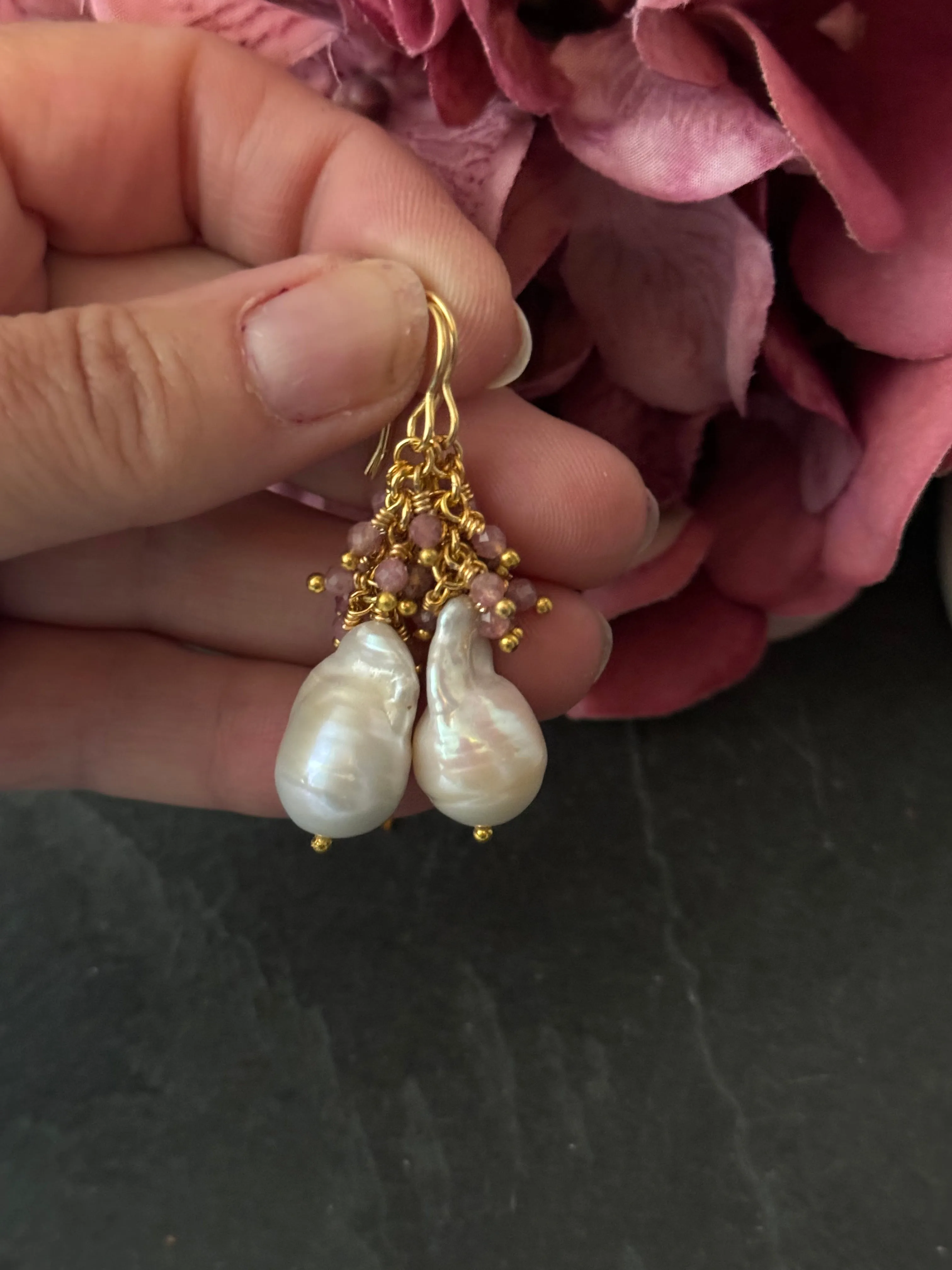 Baroque pearl, pink tourmaline stone, gold metal, drop earrings