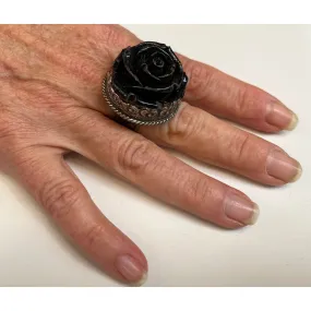 Black Rose and Silver Adjustable Ornate Ring