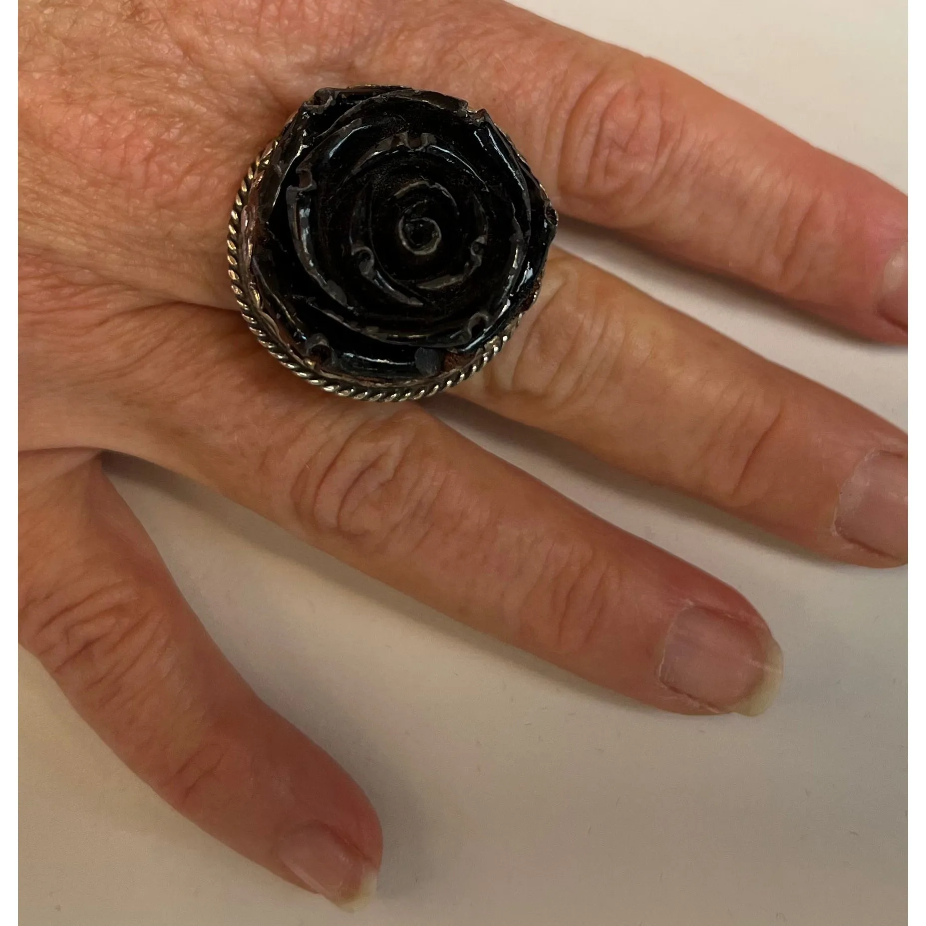 Black Rose and Silver Adjustable Ornate Ring