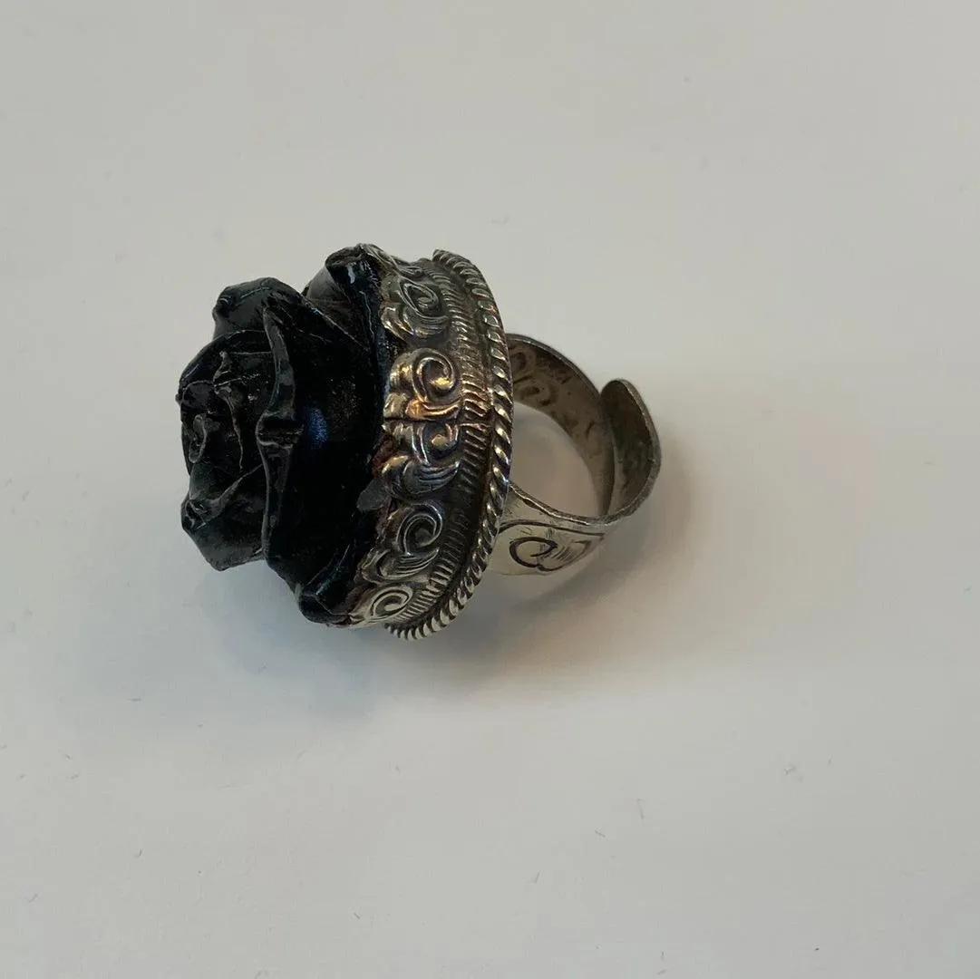 Black Rose and Silver Adjustable Ornate Ring