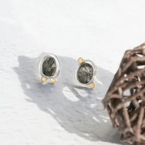 Black Tourmalinated Quartz Post Earrings in Sterling Silver and 18k Gold - ROSIE #2