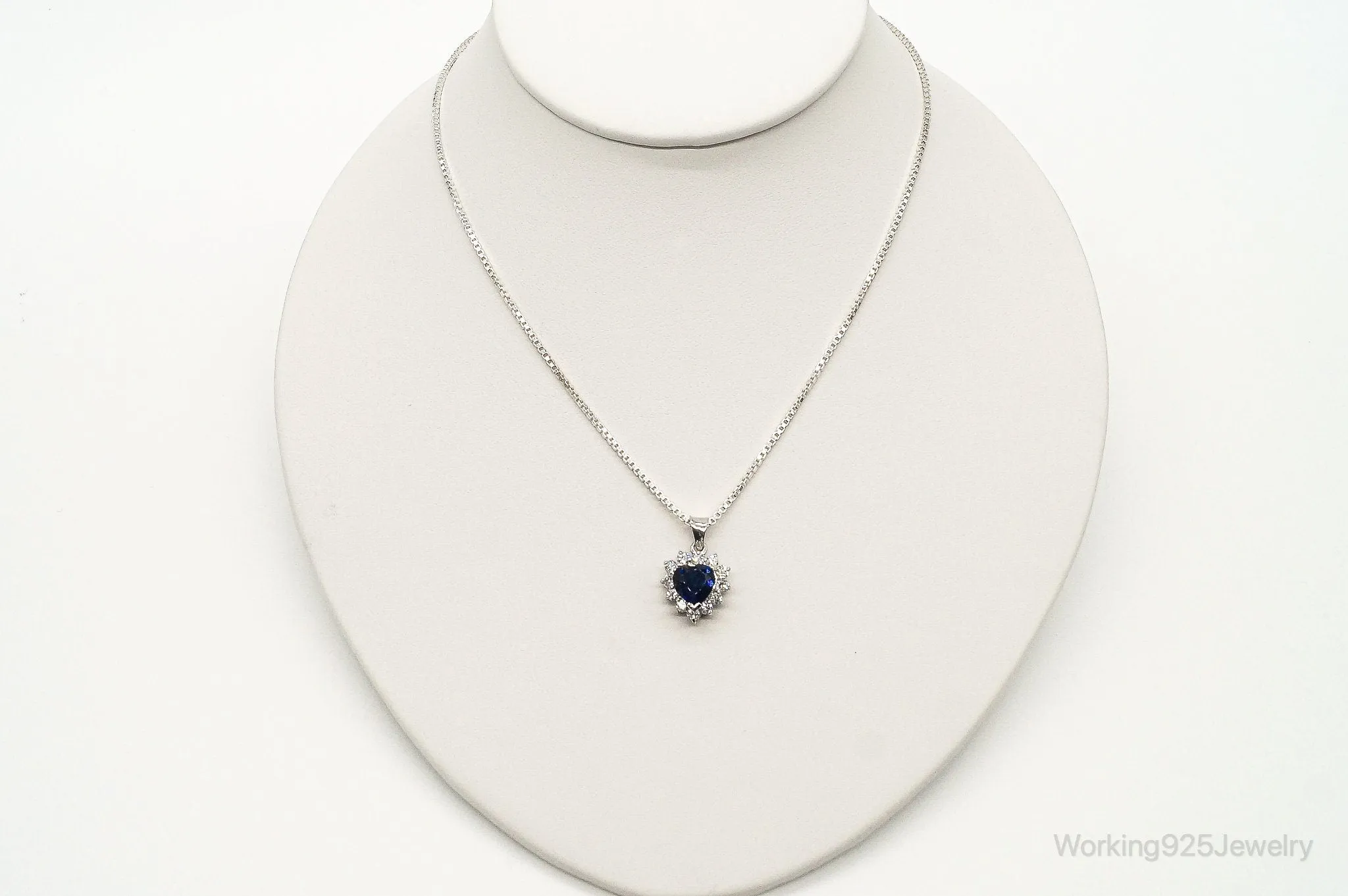 Blue Lab Sapphire Cubic Zirconia Heart Sterling Silver Necklace