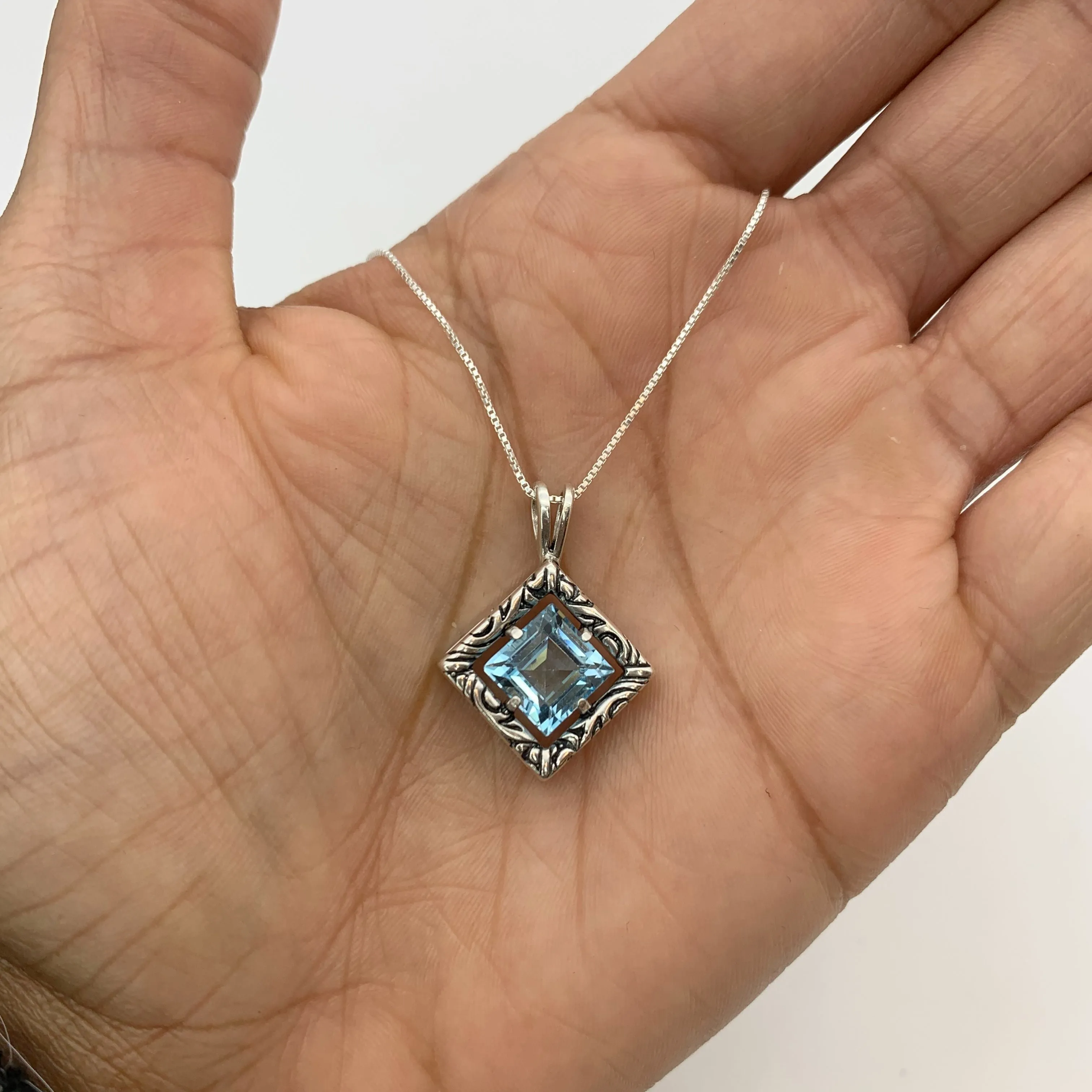 Blue Topaz Boho Pendant - December Birthstone Necklace - Blue Square Necklace