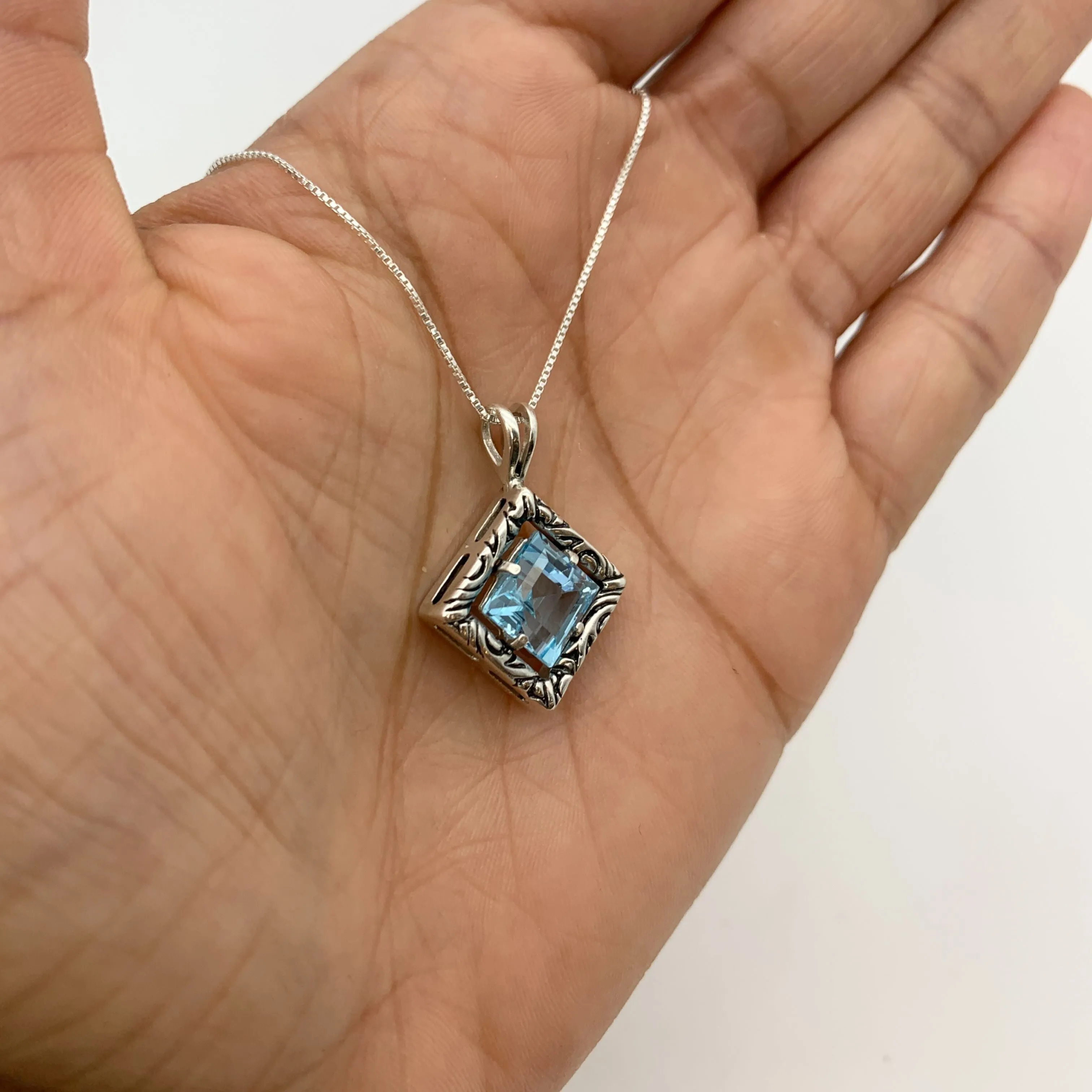 Blue Topaz Boho Pendant - December Birthstone Necklace - Blue Square Necklace