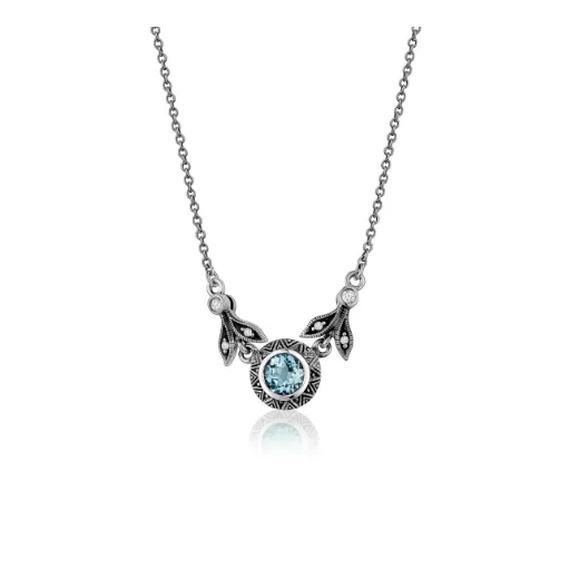 Blue Topaz with Marcasite Halo Necklace