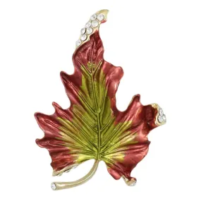 Brown and Green Enamel and Crystal Leaf Brooch Pin - PRL429A