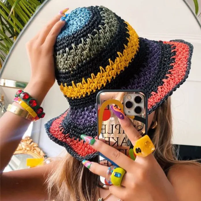 Bucket Crochet Hat Stripe Multi black