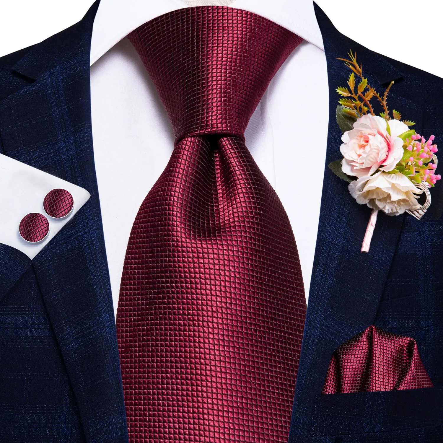 Burgundy Solid Tie Handkerchief Cufflinks Set with Wedding Brooch