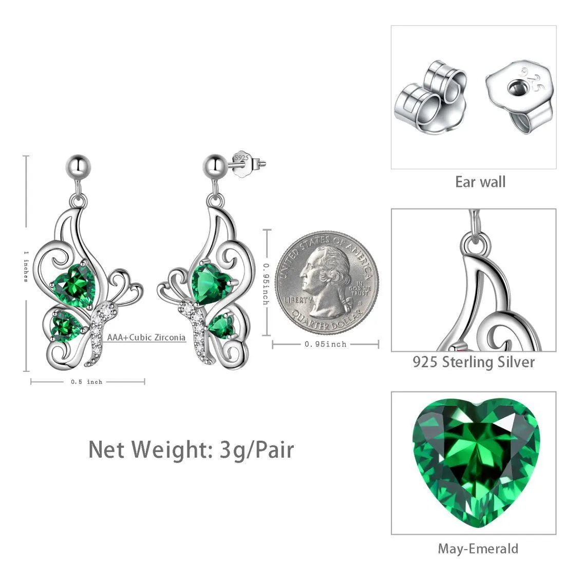 Butterfly Birthstone May Emerald Earrings Women Girls Jewelry Birthday Gift Sterling Silver