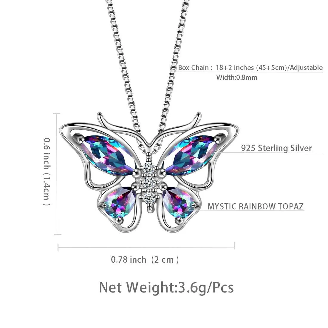 Butterfly Rainbow Mystic Topaz Necklaces Women Girls Jewelry Gift Sterling Silver