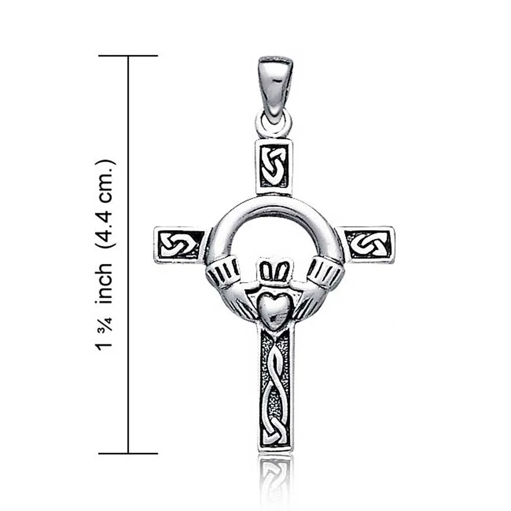 Celtic Trinity Cross Claddagh Knot Pendant Sterling Silver Necklace