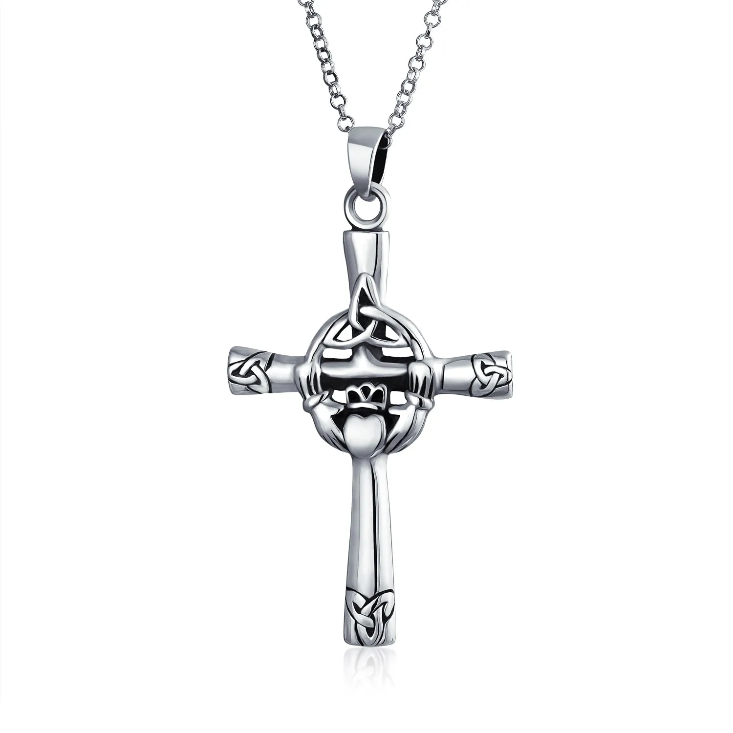 Celtic Trinity Cross Claddagh Knot Pendant Sterling Silver Necklace