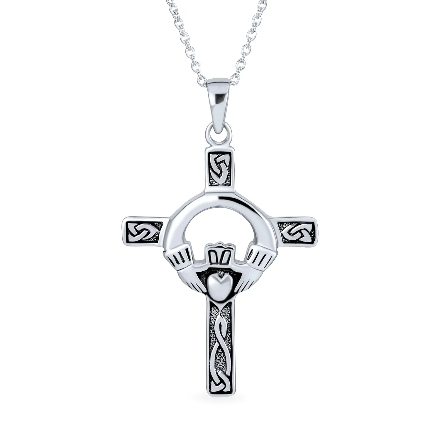 Celtic Trinity Cross Claddagh Knot Pendant Sterling Silver Necklace