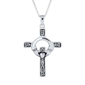 Celtic Trinity Cross Claddagh Knot Pendant Sterling Silver Necklace