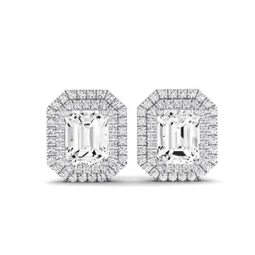 Cerise Emerald Cut Lab Diamond Halo Stud Earrings